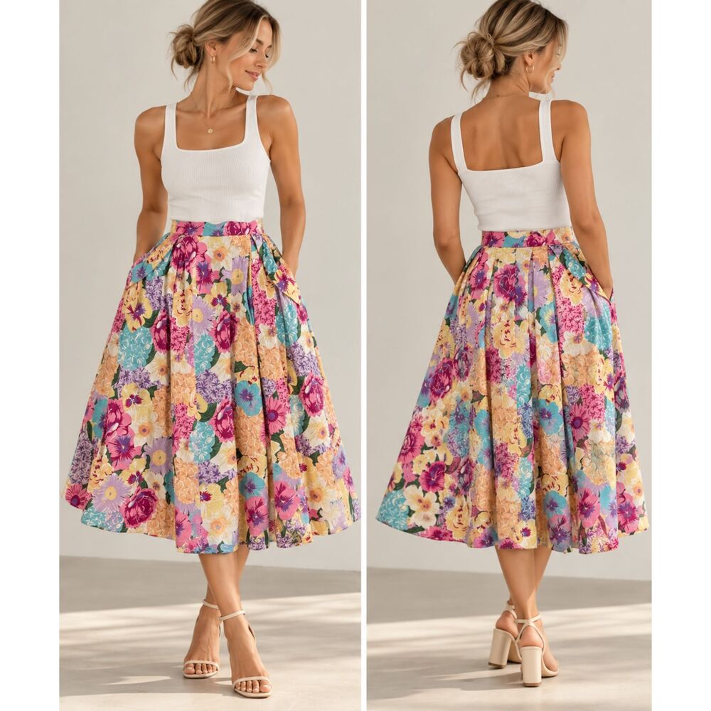 Collectif Vintage London Floral Swing Midi Skirt Women’s Large Retro 50s